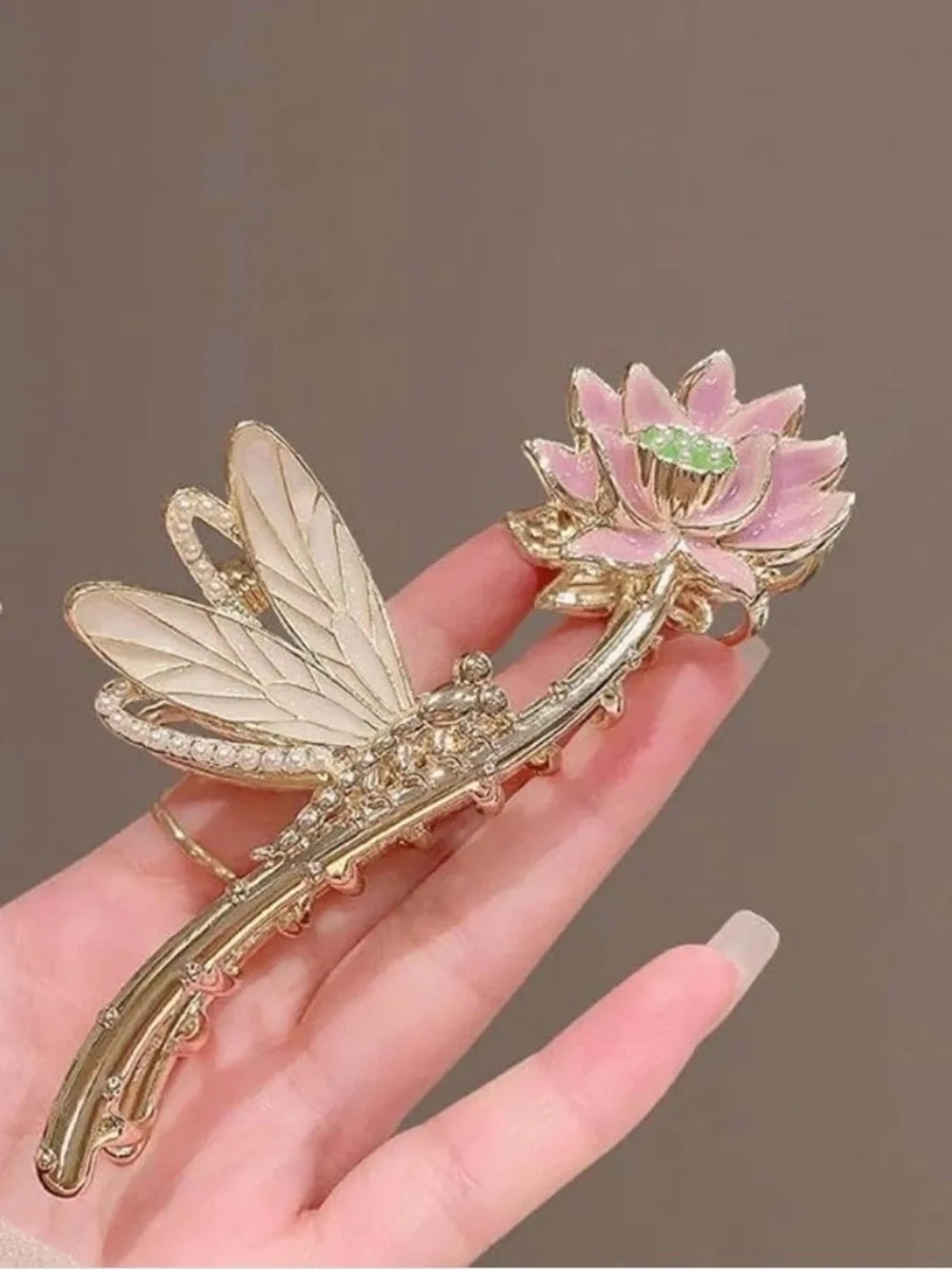 Pink Lotus & Gold Dragonfly Hair Claw